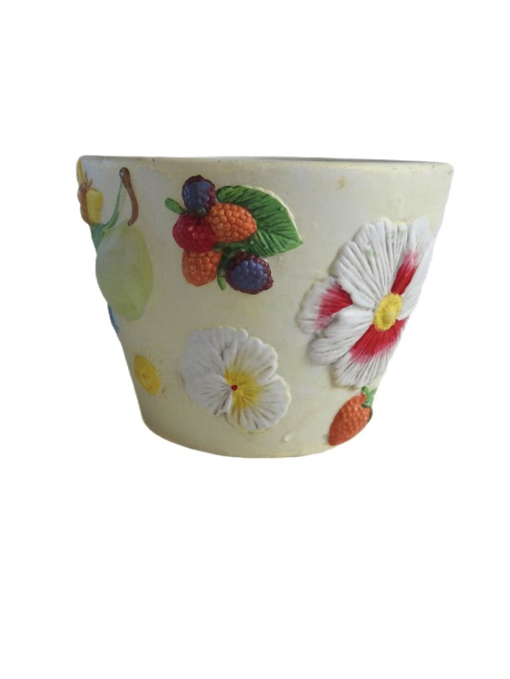 Small Hand Painted Biscuit Porcelain Planter Light Yellow 3D Pansies Fruit Bugs